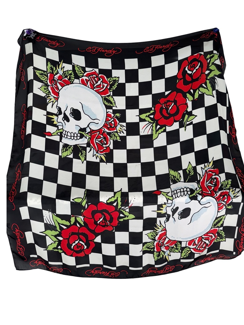 Ed Hardy Black & White 43” x 43” Checkered Skull Rose Print Scarf